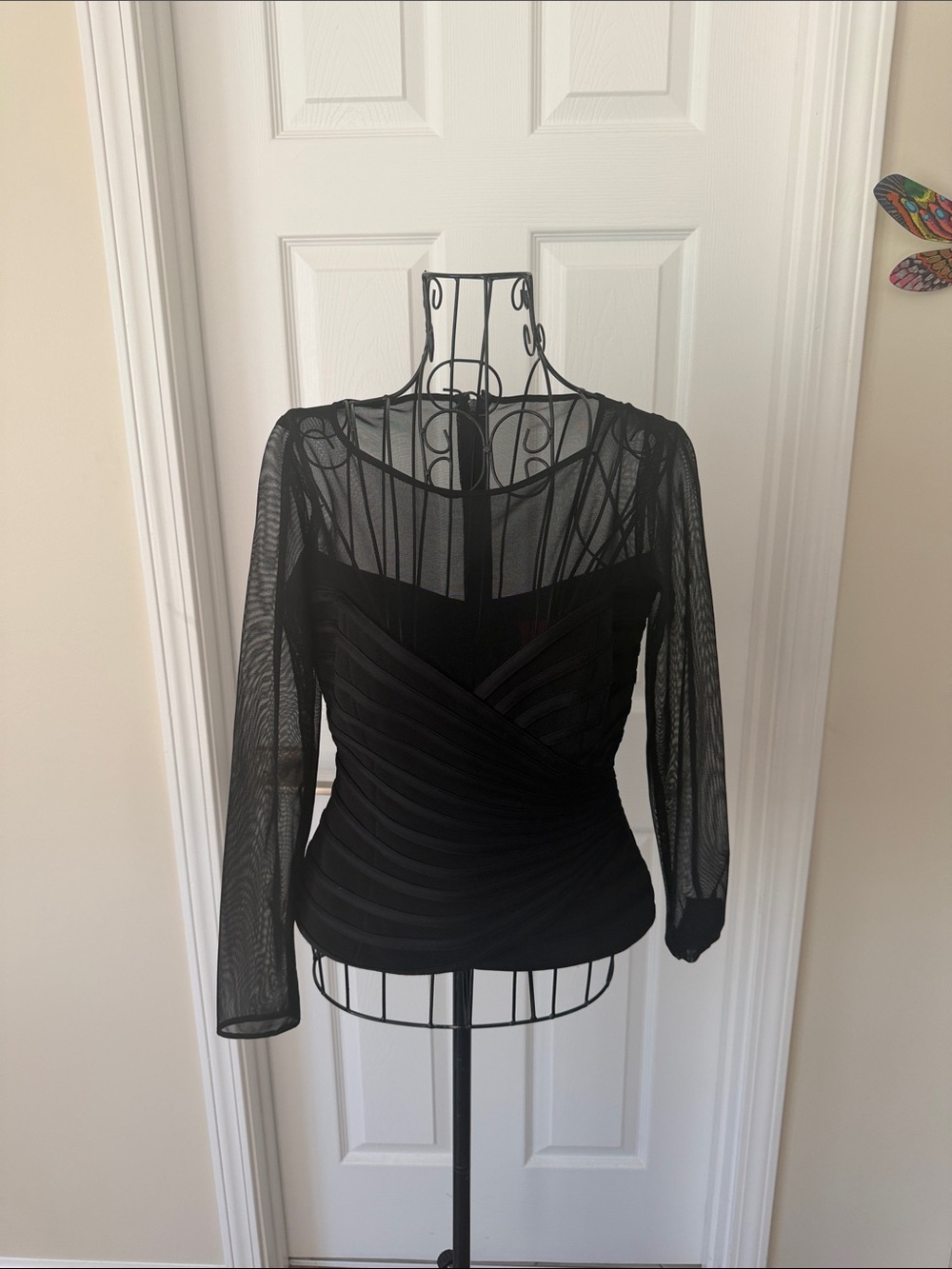 JS Collections Black Sheer Mesh Long-Sleeve Draped Top